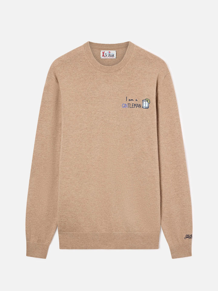 Beige Heron Rundhalspullover aus leichter Wolle und Kaschmir-Mix mit Gintleman-Stickerei 