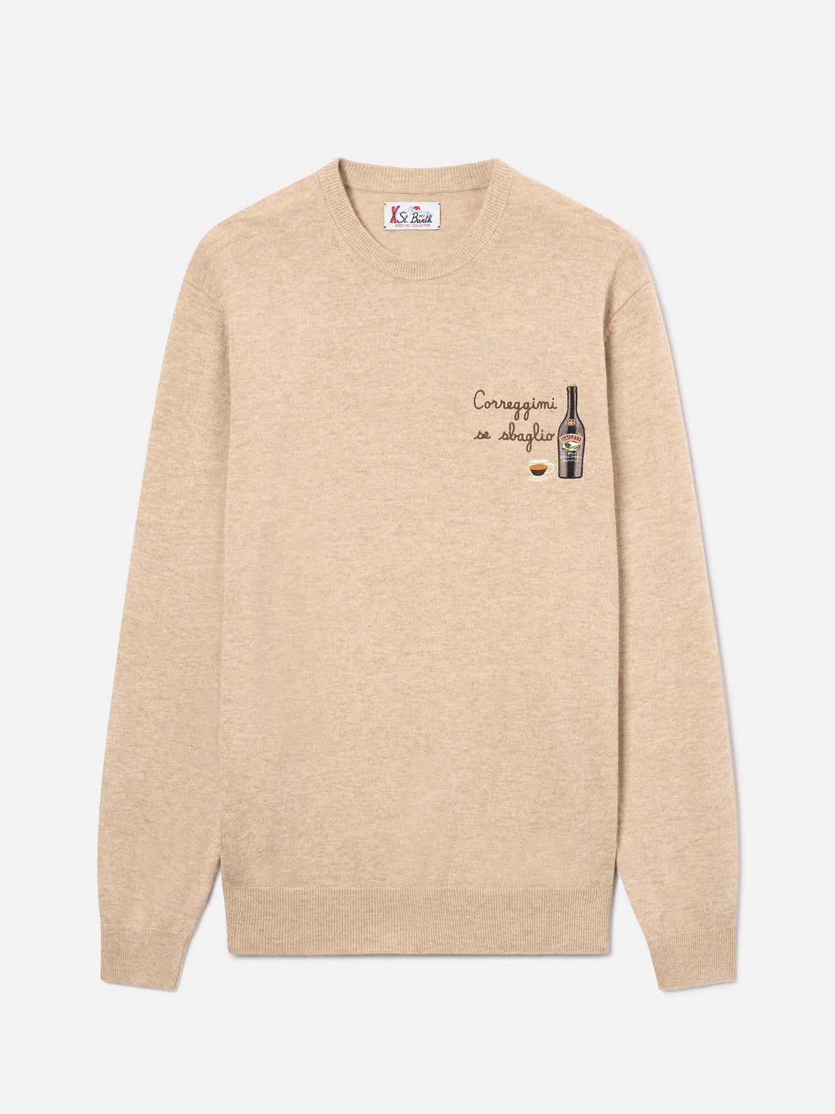 Beige Heron Rundhalspullover aus einer leichten Woll- und Kaschmirmischung mit Baileys-Stickerei | Special edition 