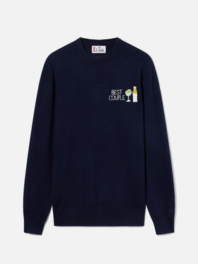 Marineblauer blue Heron Rundhals-Strickpullover mit Best Couple-Stickerei | Special edition 