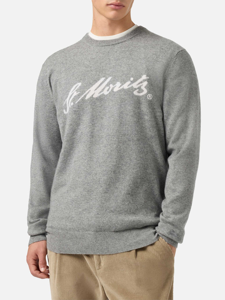 Maglione Heron Light in 100% CASHMERE grigio con intarsio St. Moritz | ST. MORITZ TOP OF THE WORLD