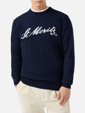 Heron Light sweater in 100% blue CASHMERE with St. Moritz intarsia | ST. MORITZ TOP OF THE WORLD