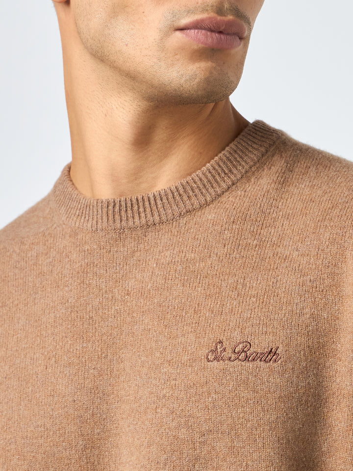 Man crewneck camel lambswool sweater with St. Barth embroidery - MC2 Saint Barth