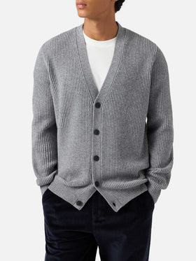 Herrison pure-wool cardigan in grey melange with English rib knit