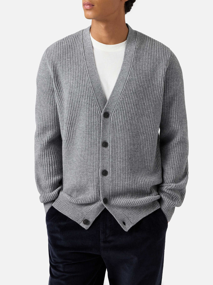 Herrison pure-wool cardigan in grey melange with English rib knit