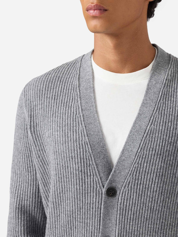 Herrison pure-wool cardigan in grey melange with English rib knit