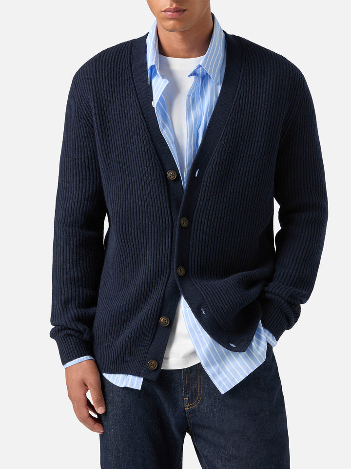 Cardigan Herrison blu navy in lana a costine