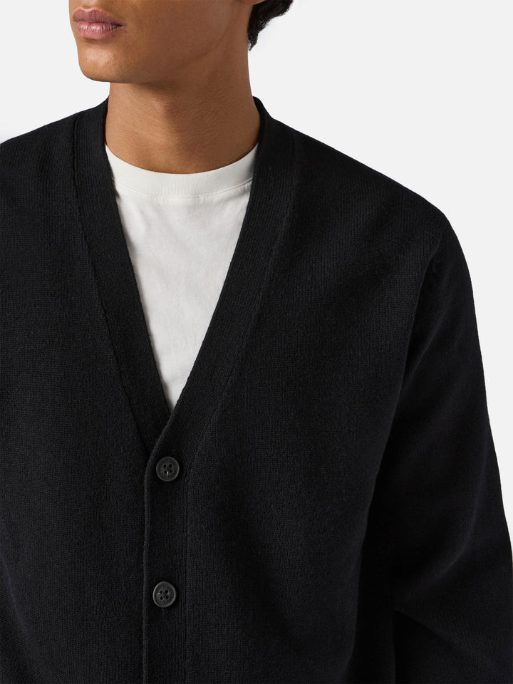 Herrison pure-wool cardigan in black with English rib knit