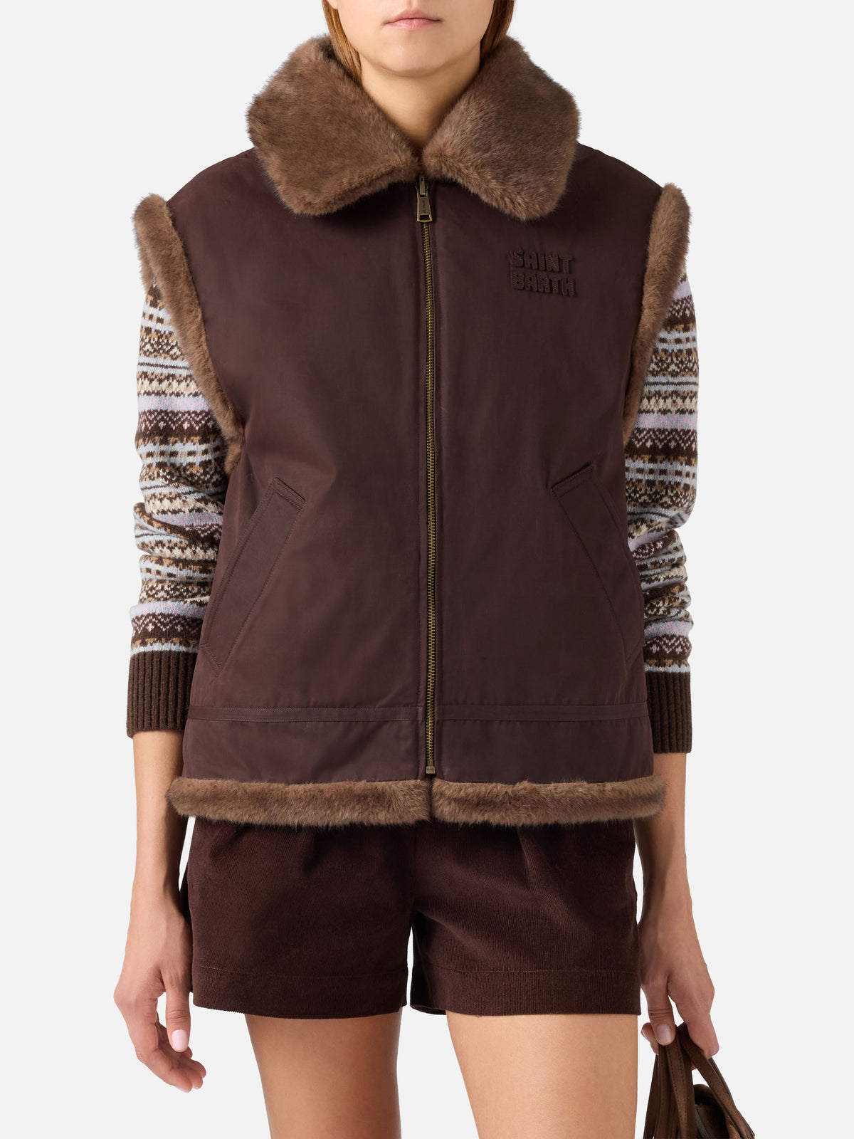 Gilet réversible ciré Hesketh marron foncé avec fausse fourrure 