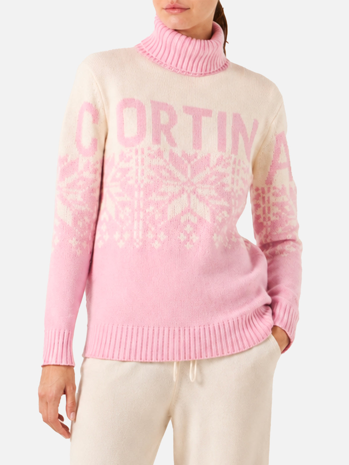 Maglia dolcevita New Hut rosa con stampa Cortina