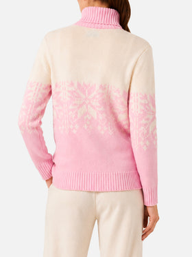 Maglia dolcevita New Hut rosa con stampa Cortina