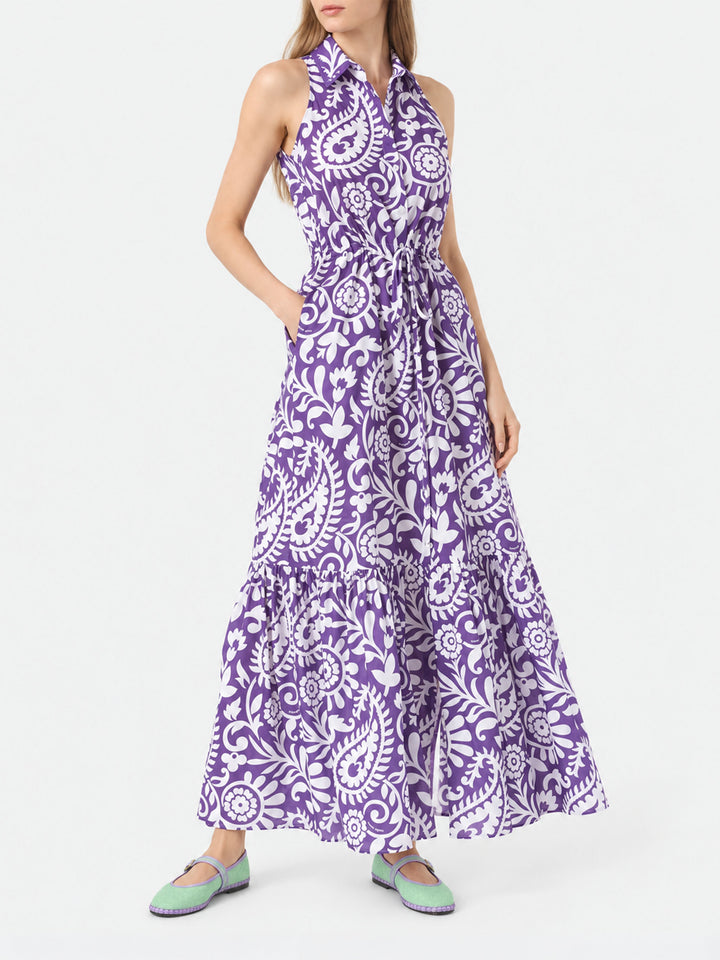Vestido largo Ida de algodón morado con estampado paisley 