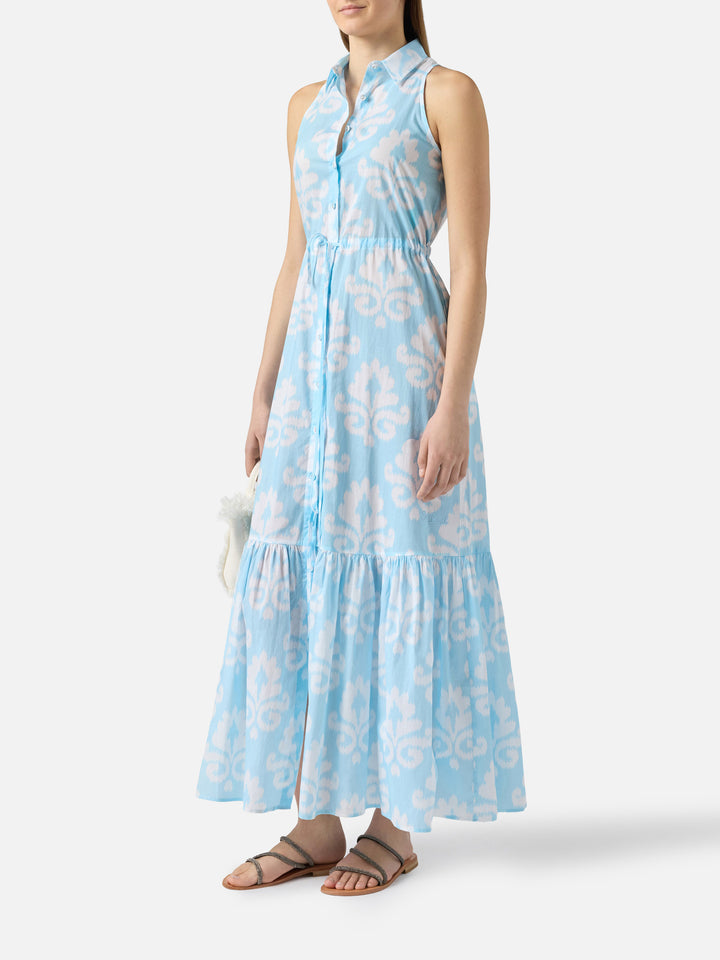 Abito lungo Ida con scollo all'americana e stampa ikat