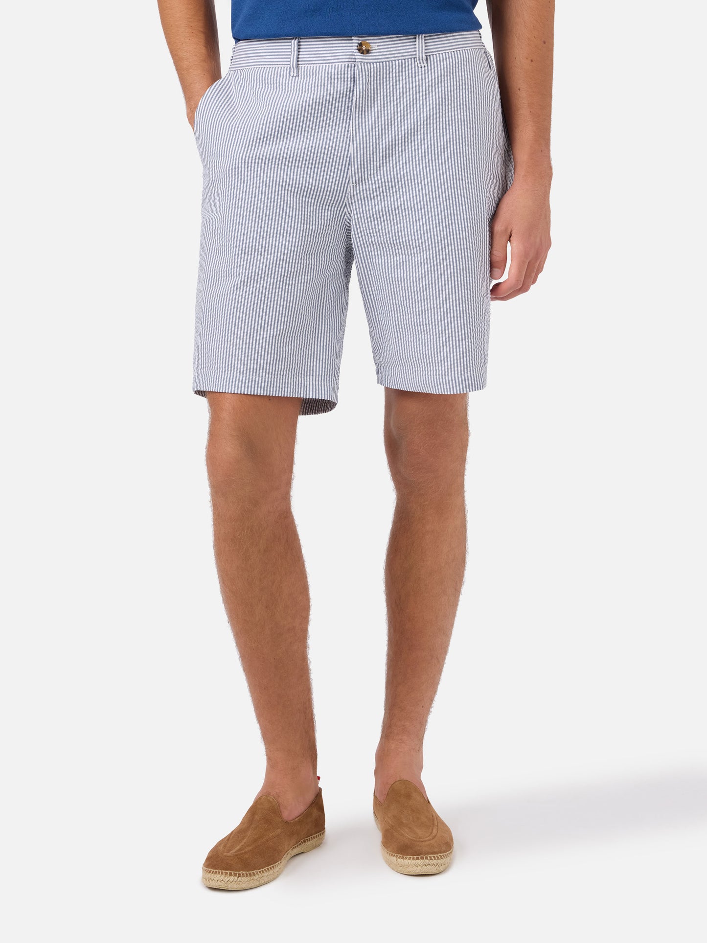 Navy blue Ischia bermuda shorts in striped seersucker