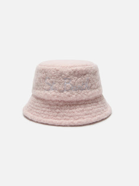 Pink sherpa bucket hat with front embroidery