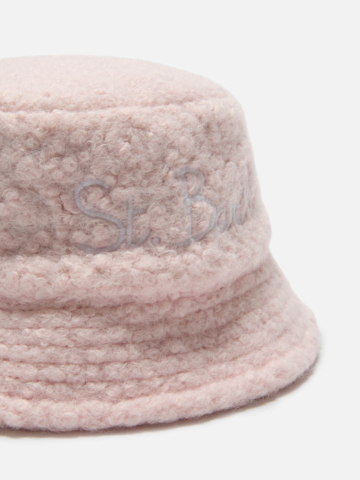 Pink sherpa bucket hat with front embroidery