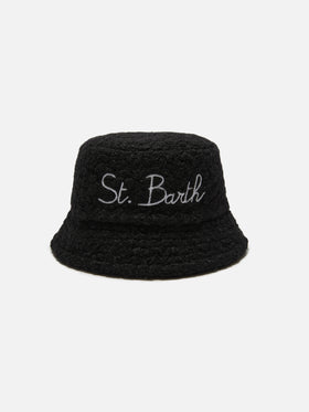 Black sherpa bucket hat with front embroidery