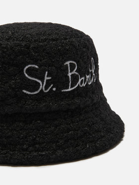 Black sherpa bucket hat with front embroidery