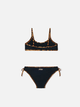 Jaiden String-Bikini aus schwarzem Crinkle mit Leopardenbesätzen 