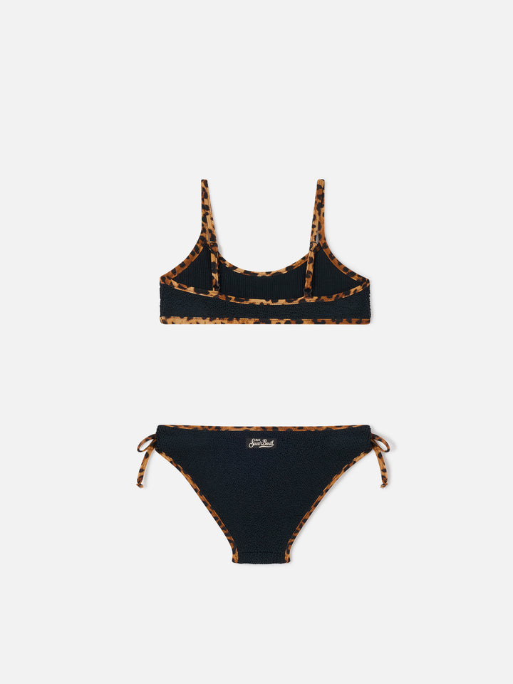 Jaiden String-Bikini aus schwarzem Crinkle mit Leopardenbesätzen 