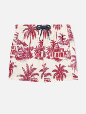 Jean-Badeshorts mit rotem Toile de Jouy-Print 