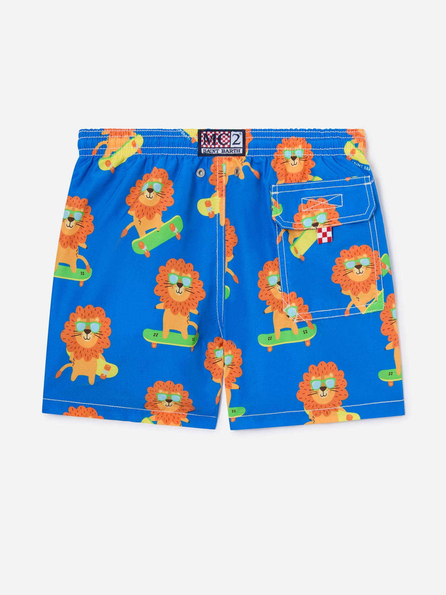 Bañador corto de largo medio para niño en jean con estampado de leo skater 