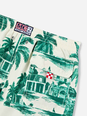 Jean swim shorts with Toile de Jouy green print