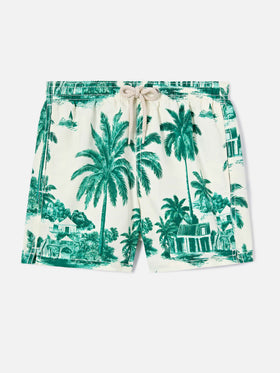 Jean swim shorts with Toile de Jouy green print