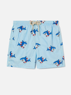 Jean Lighting swim shorts with Shark print on Gingham background