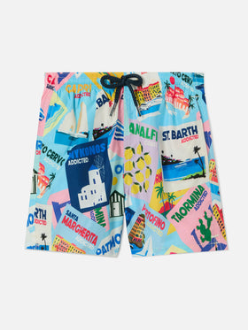 Jean Lighting swim shorts with Postcards all-over print