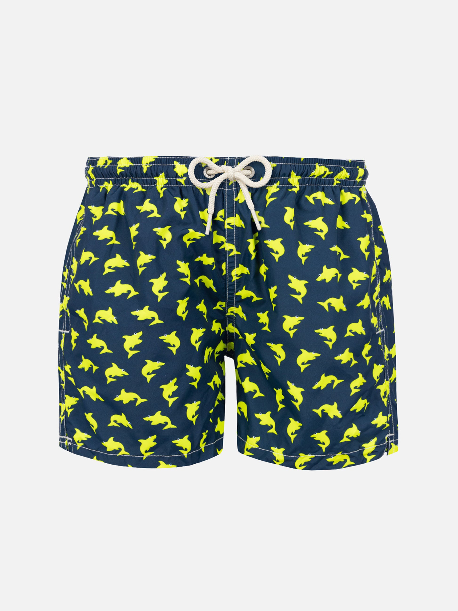 Boy light fabric swim shorts with fluo sharks print - MC2 Saint Barth