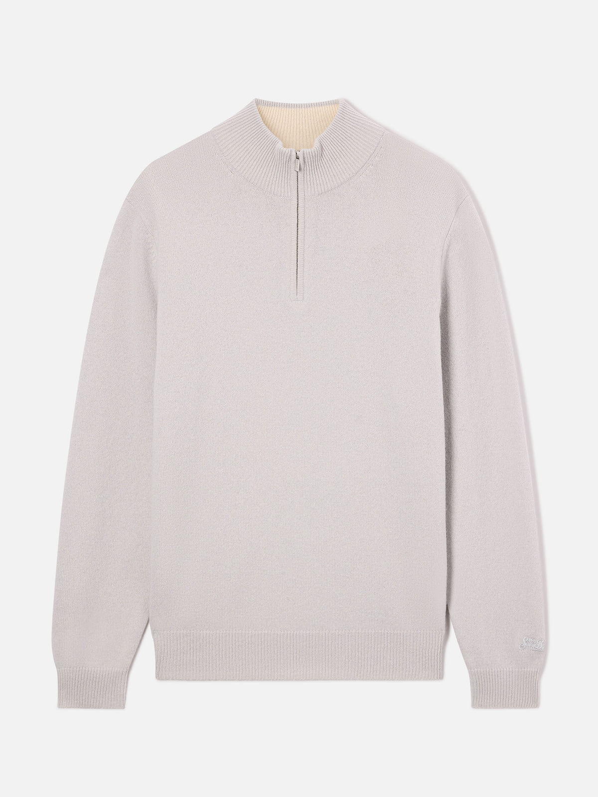 Grauer Jermyn Half-Zip-Strickpullover aus Lammwolle mit kontrastierendem Kragen 