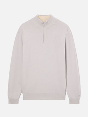 Grauer Jermyn Half-Zip-Strickpullover aus Lammwolle mit kontrastierendem Kragen 