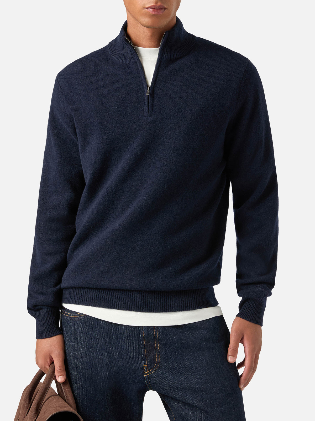 Navy blue Jermyn lambswool half zip knit with contrasting collar
