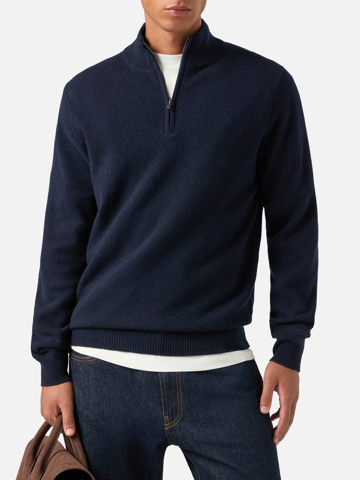 Marineblauer blue Jermyn Strickpullover aus Lammwolle mit Halbzip und kontrastierendem Kragen 