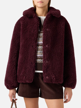Chaqueta teddy Jeanne en mezcla de lana Aubergine con parche del logo 