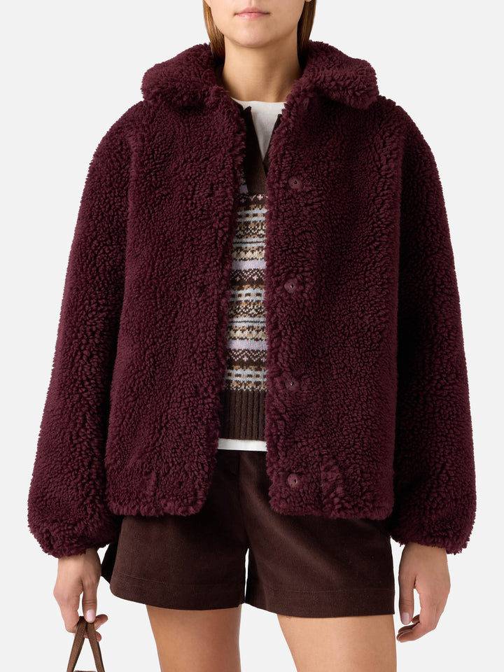 Chaqueta teddy Jeanne en mezcla de lana Aubergine con parche del logo 