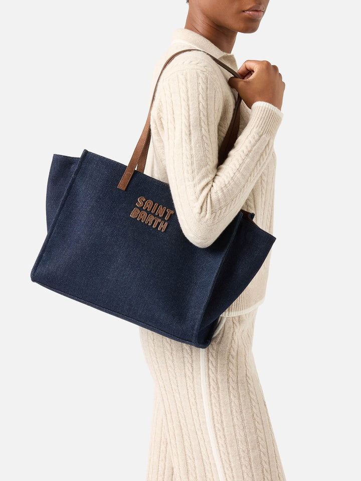Borsa Large Jour blu in denim con manici in camoscio