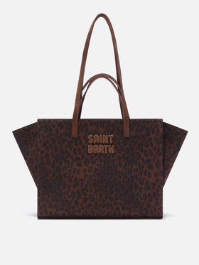Large Jour denim bag with leopard print and suede handles
