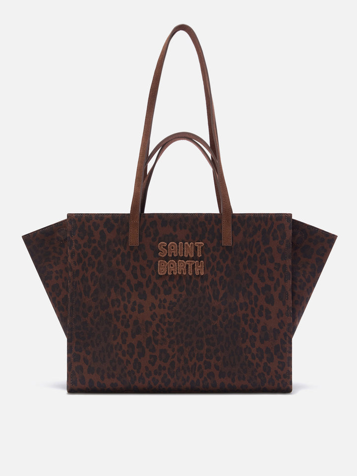 Bolso Large Jour de denim con estampado de leopardo y asas de ante 
