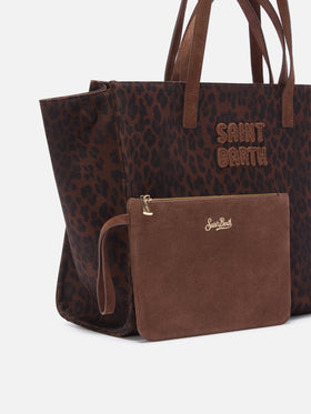 Large Jour denim bag with leopard print and suede handles