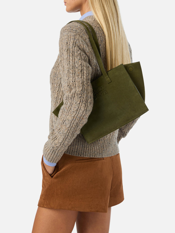 Borsa Medium Jour verde militare in camoscio con etichetta logo