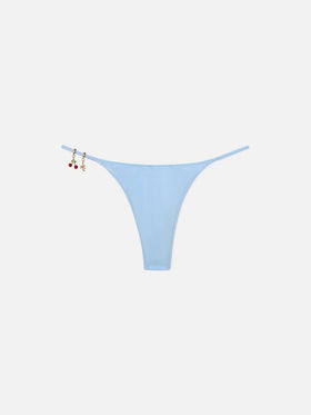 Jodene thong bikini bottoms in light blue glossy-finish fabric with charm details