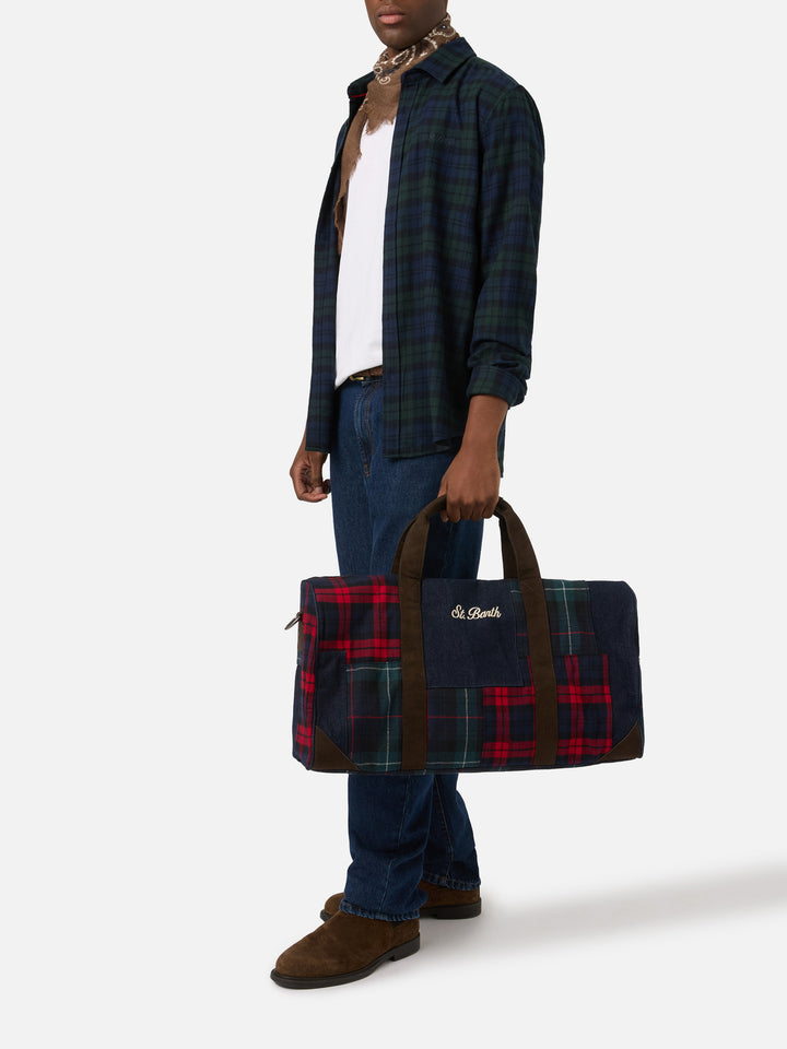 Jetleg duffle bag with patchwork denim and tartan and faux leather trims