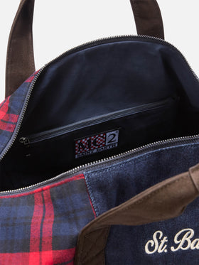 Jetleg Duffle Bag aus Patchwork-Denim und Tartan mit Besätzen aus Kunstleder 