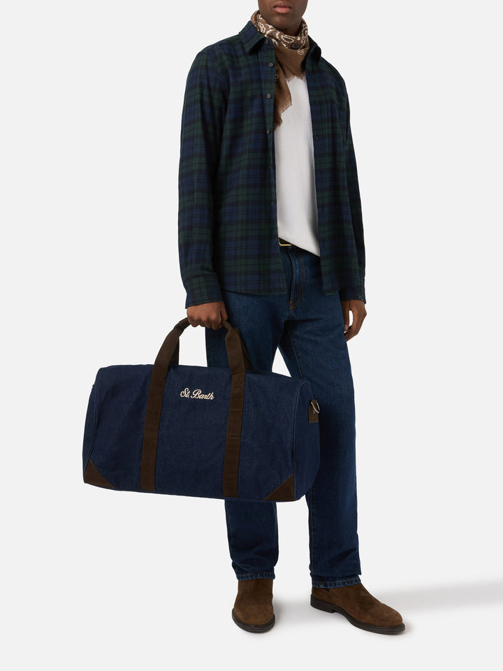 Blue Jetleg denim duffle bag with logo embroidery
