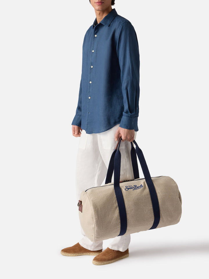 Round Jetleg beige linen weekender with contrasting embroidered logo