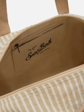 Weekender Round Jetleg en lin rayé beige et blanc 