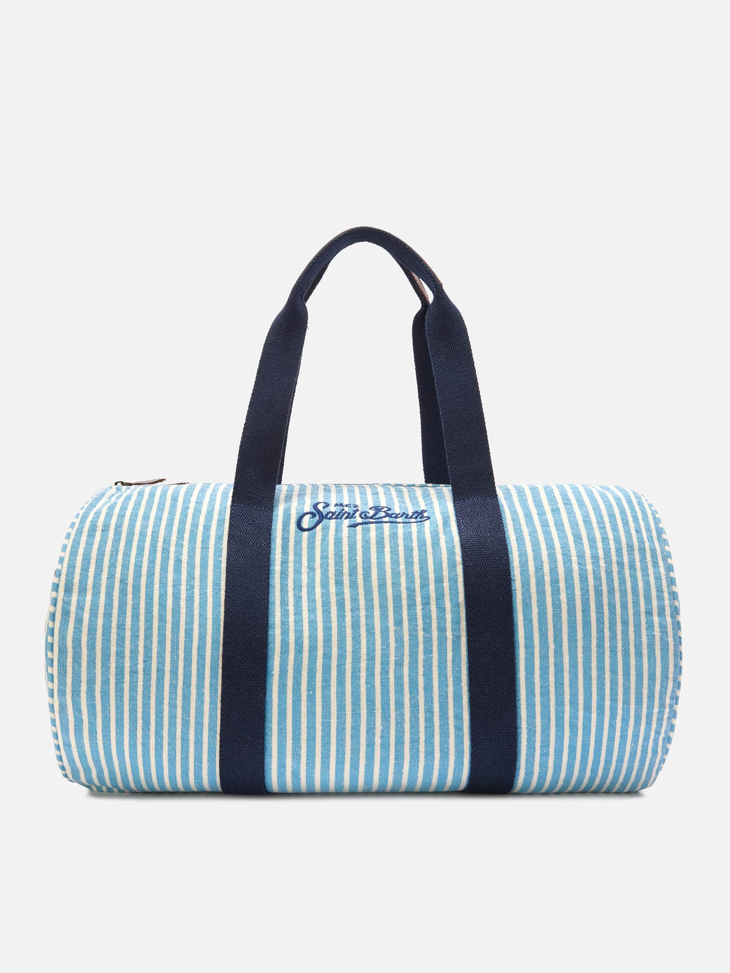 Bolso de fin de semana redondo Jetleg de lino a rayas azules y blancas 