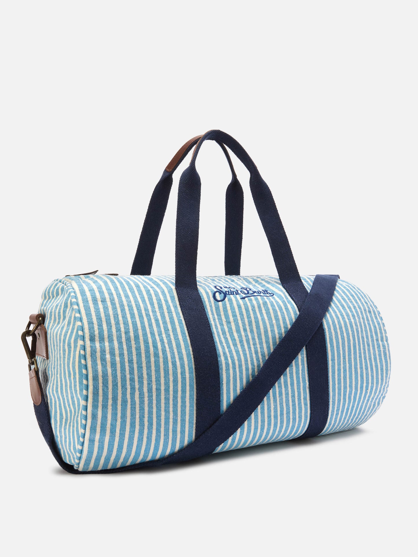 Bolso de fin de semana redondo Jetleg de lino a rayas azules y blancas 
