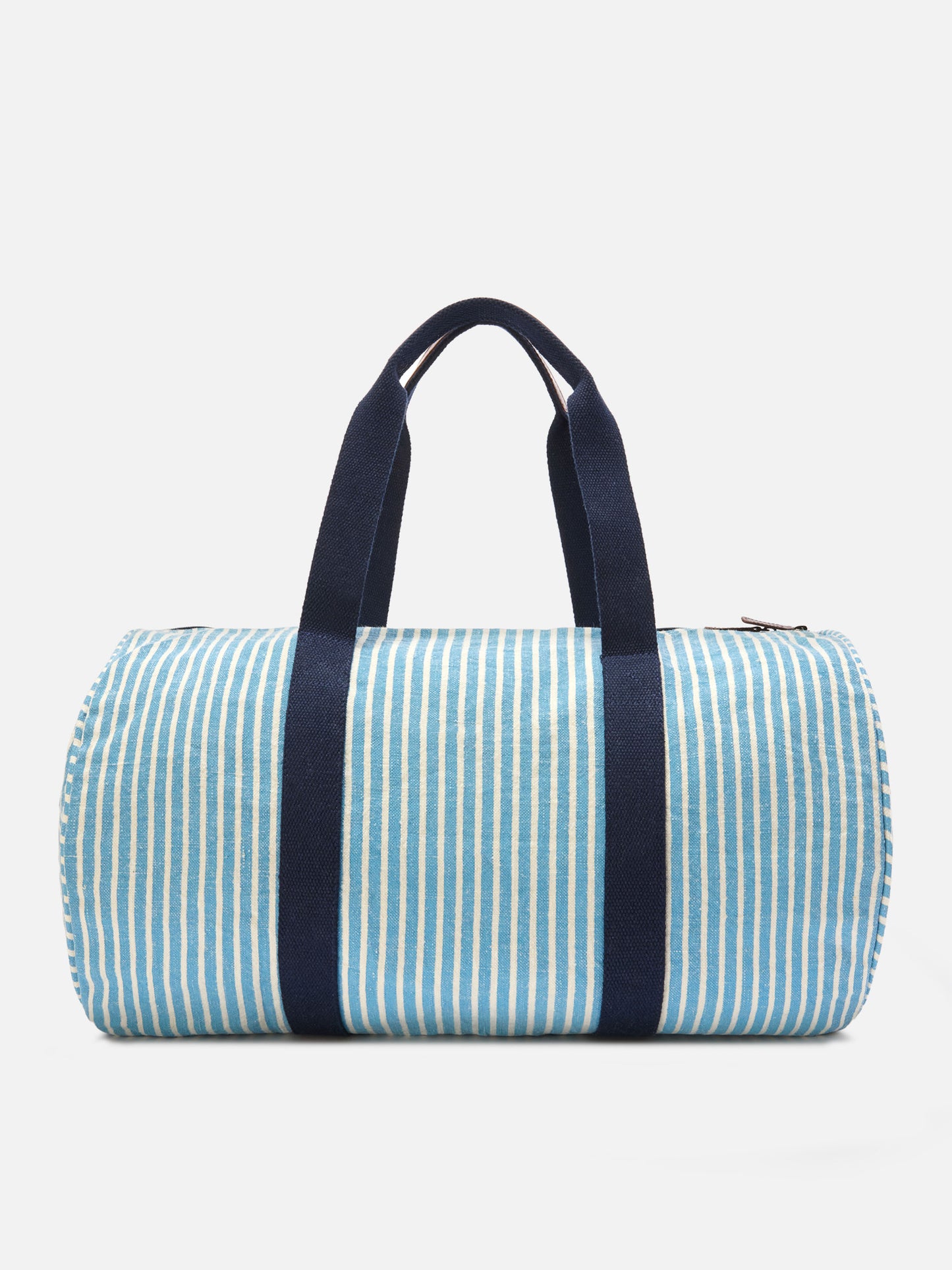 Bolso de fin de semana redondo Jetleg de lino a rayas azules y blancas 